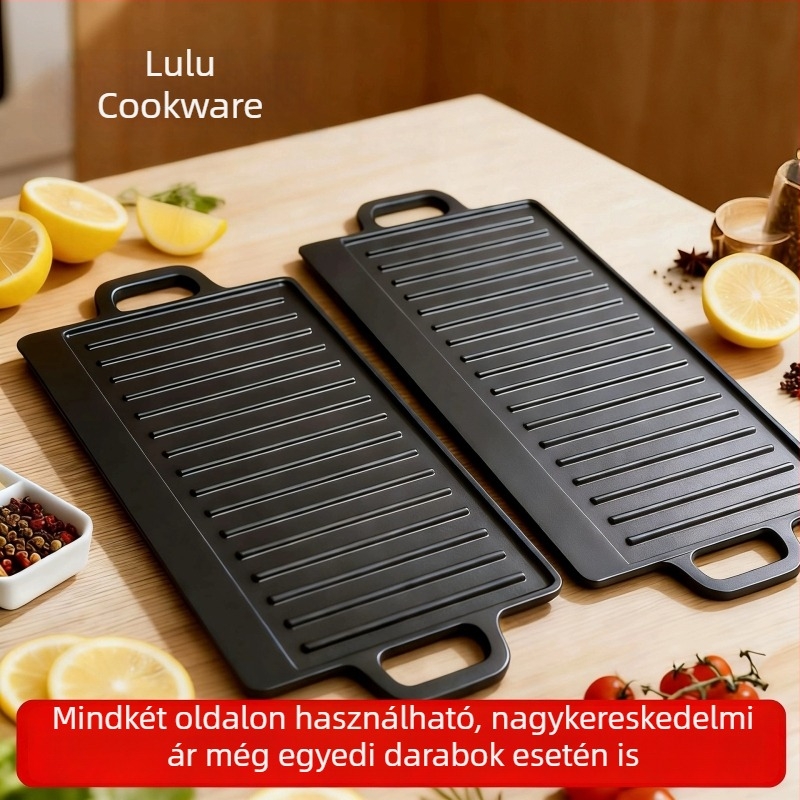 Kovácsoltvas grillsütő serpenyő, kétoldalas, téglalap alakú, texturált felülettel és két fogóval, hús grillezésére és steak sütésére