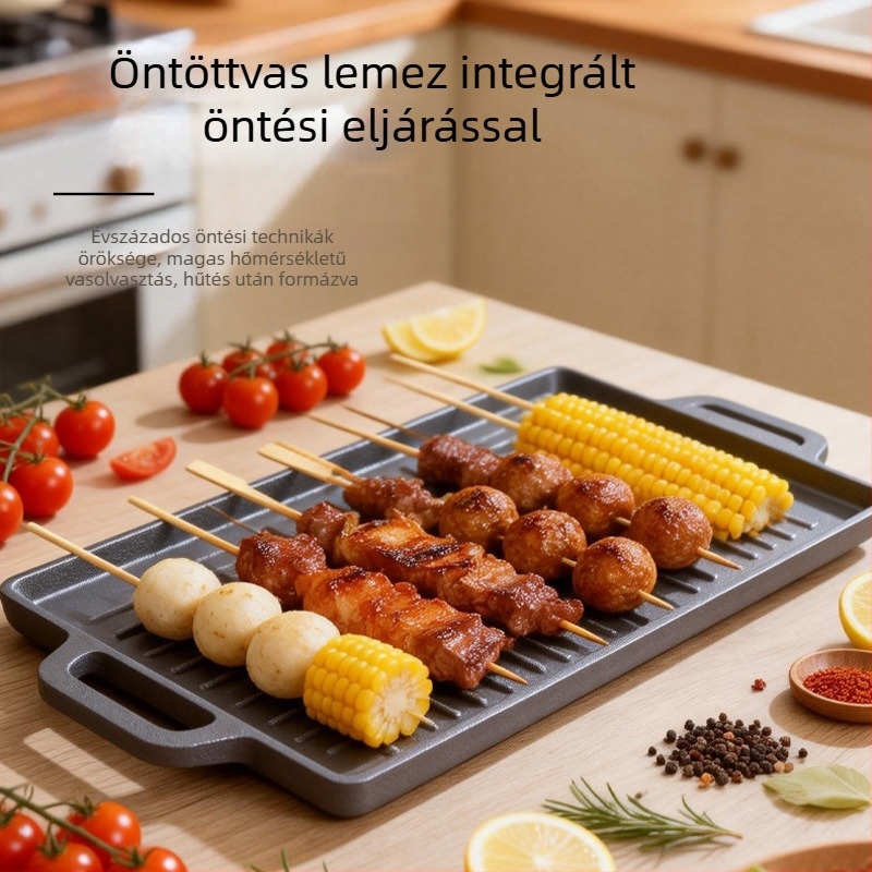 Kovácsoltvas grillsütő serpenyő, kétoldalas, téglalap alakú, texturált felülettel és két fogóval, hús grillezésére és steak sütésére