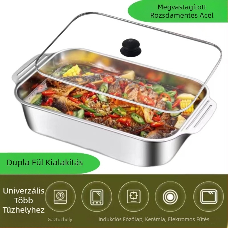 Élelmiszer-minőségű 304 rozsdamentes acélból készült halas grill-tál fedővel, négyszögletes BBQ tál, kempingezéshez és tengeri ételekhez