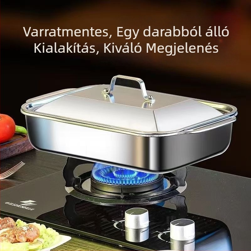 Élelmiszer-minőségű 304 rozsdamentes acélból készült halas grill-tál fedővel, négyszögletes BBQ tál, kempingezéshez és tengeri ételekhez