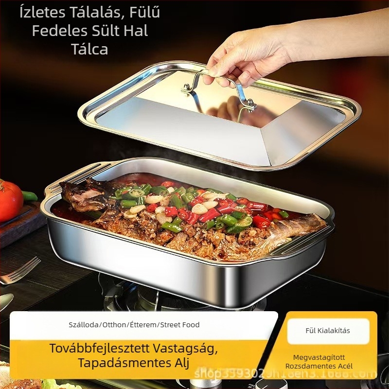 Élelmiszer-minőségű 304 rozsdamentes acélból készült halas grill-tál fedővel, négyszögletes BBQ tál, kempingezéshez és tengeri ételekhez