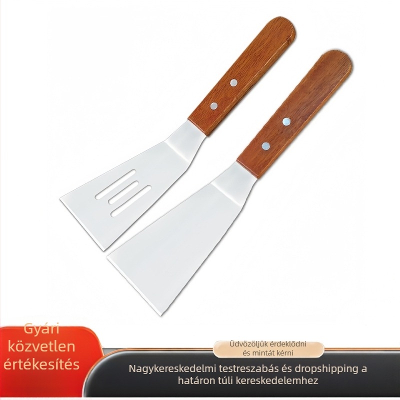 Rozsdamentes acél spatula készlet fa nyéllel — kis serpenyő spatula, lyukas spatula steakhez és pizzához, kültéri grill eszközök, égésvédő, csúszásmentes fogantyú