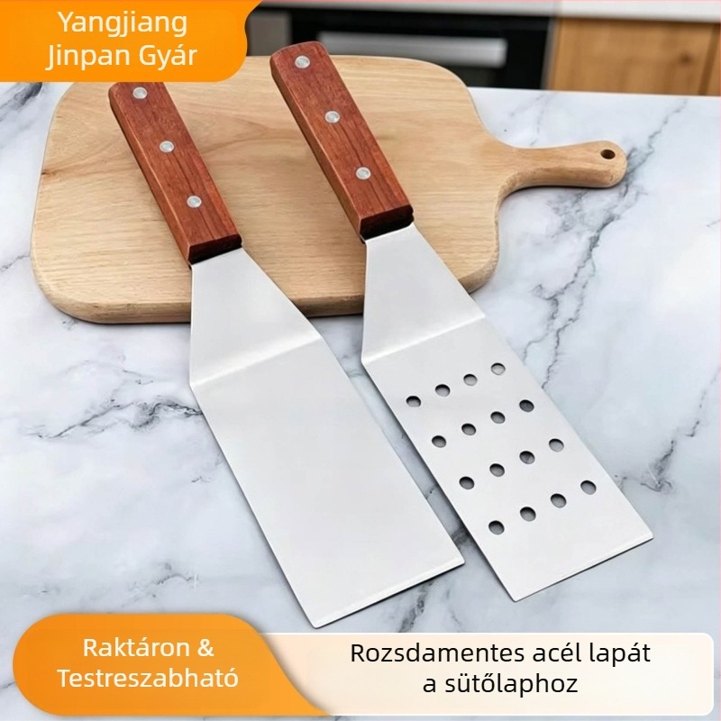 Hőálló rozsdamentes acél BBQ eszköz készlet bükkfa fogantyúval - teppanyaki spatula