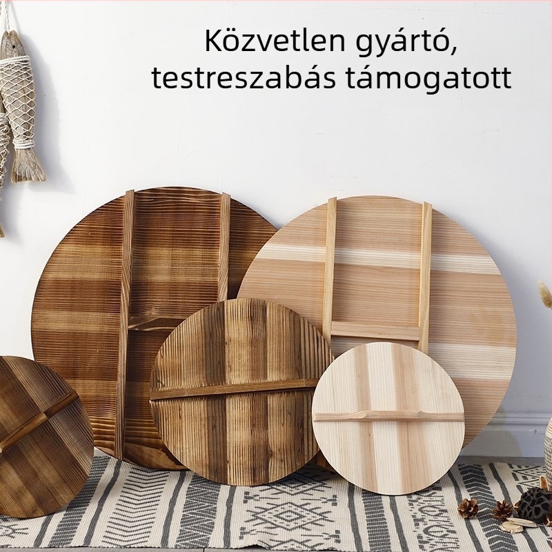 Fenyőfából készült fazékfedő, kör alakú, tömör fa, kézzel készített, hagyományos stílus
