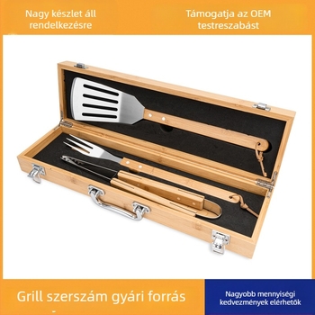 3 darabos rozsdamentes acél grill eszközök készlet fa nyéllel: villa, fogó, spatula