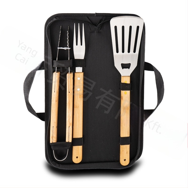 3 darabos rozsdamentes acél grill eszközök készlet fa nyéllel: villa, fogó, spatula