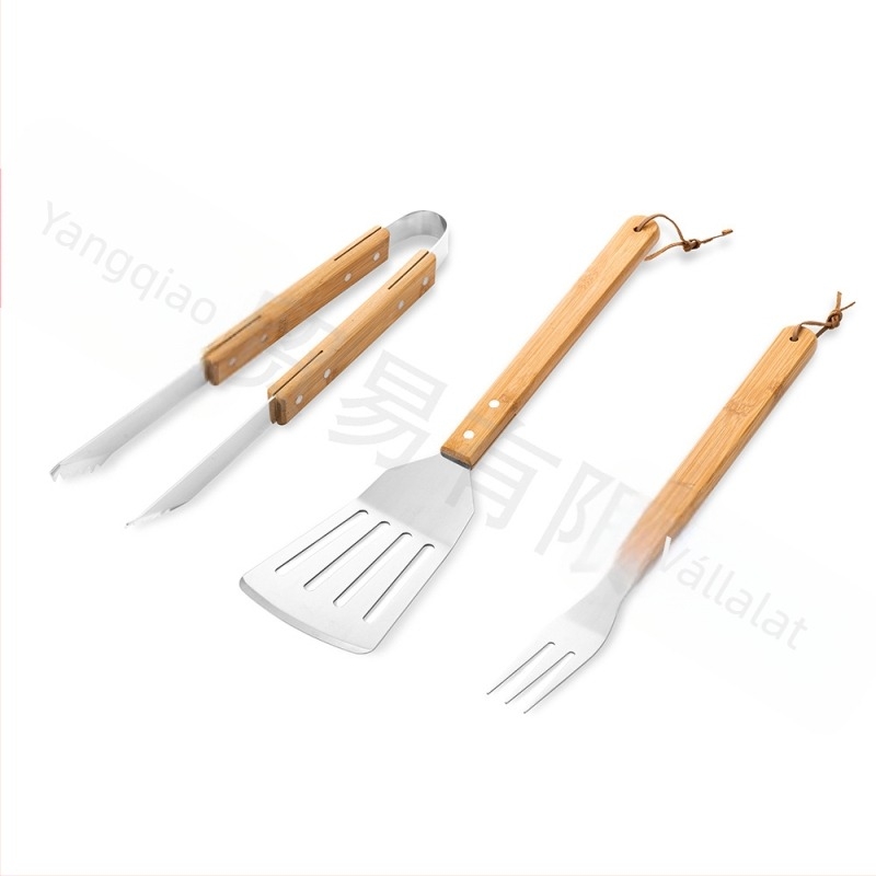 3 darabos rozsdamentes acél grill eszközök készlet fa nyéllel: villa, fogó, spatula