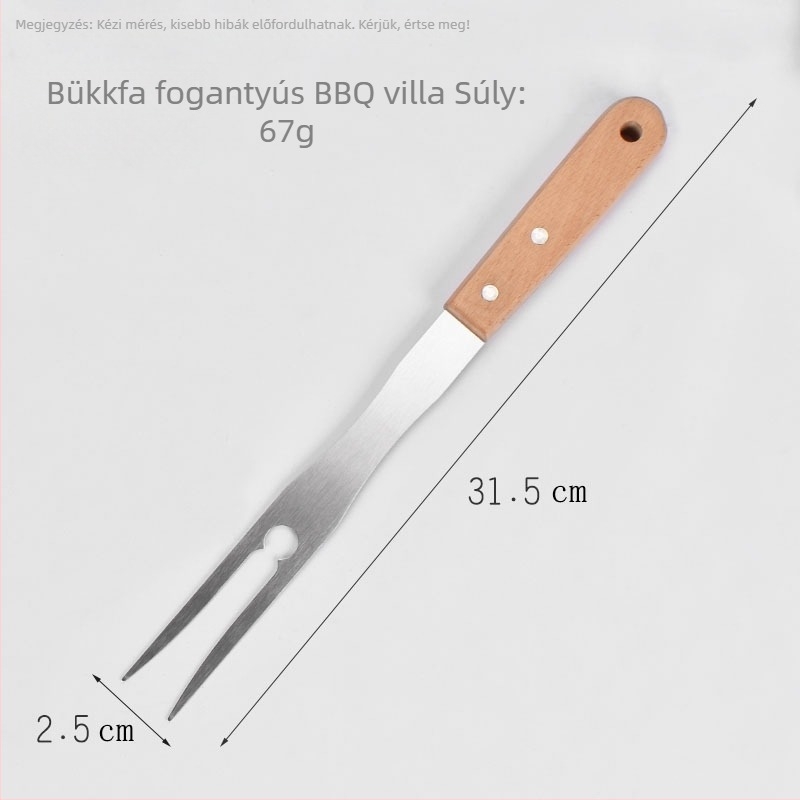 Kültéri BBQ villa rozsdamentes acélból, U‑alakú fa nyéllel, pillecukor nyársak és húsnyársak