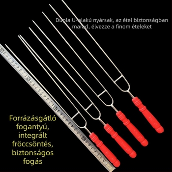 Rozsdamentes acél grillvilla U-alakú fejjel, dupla hegge, vast fa nyéllel, háztartási és kereskedelmi használatra