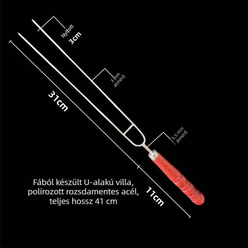 Rozsdamentes acél grillvilla U-alakú fejjel, dupla hegge, vast fa nyéllel, háztartási és kereskedelmi használatra