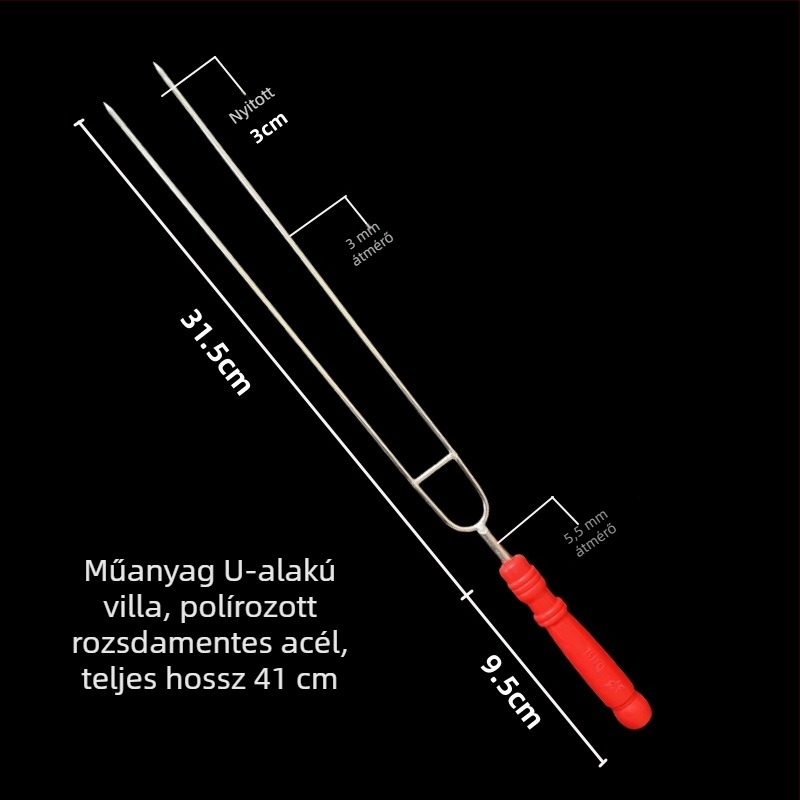 Rozsdamentes acél grillvilla U-alakú fejjel, dupla hegge, vast fa nyéllel, háztartási és kereskedelmi használatra
