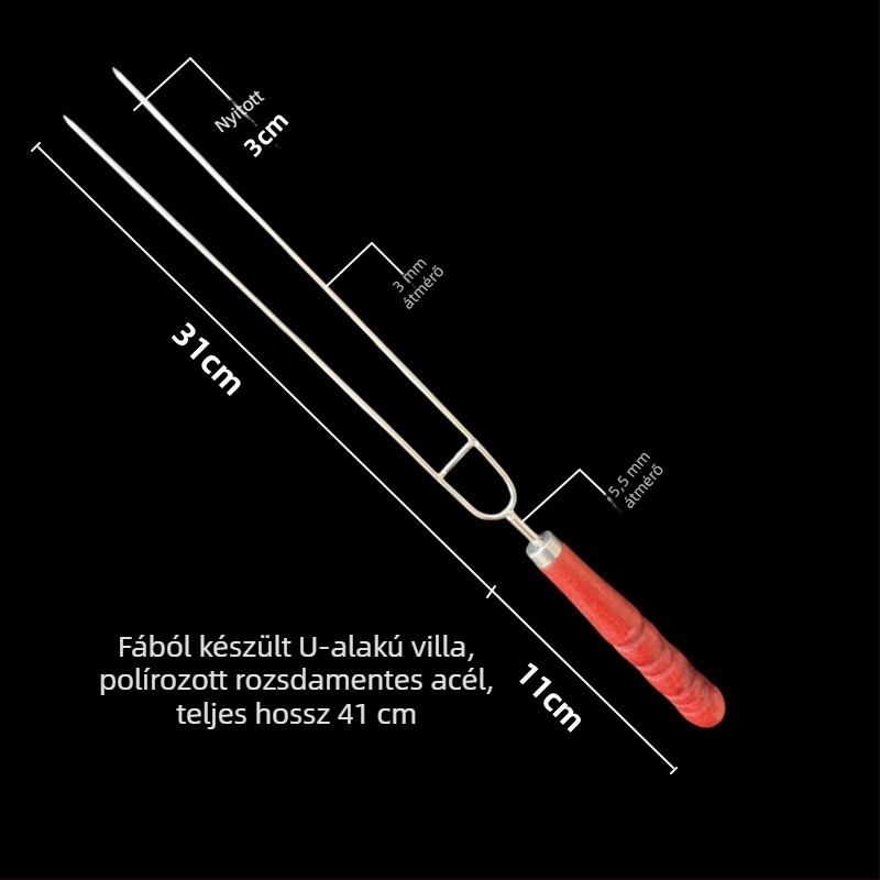 Rozsdamentes acél grillvilla U-alakú fejjel, dupla hegge, vast fa nyéllel, háztartási és kereskedelmi használatra