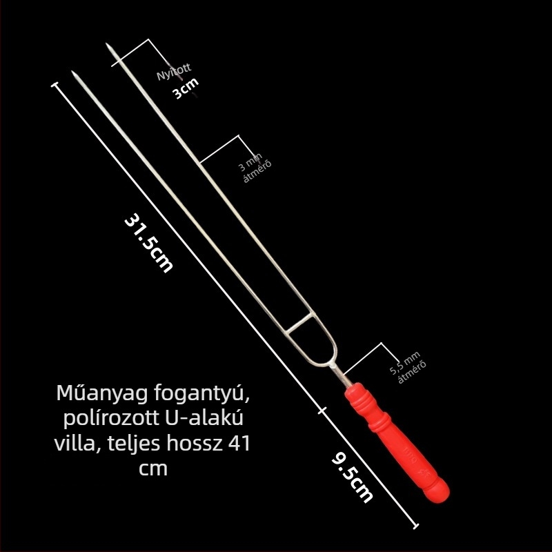 Rozsdamentes acél grillvilla U-alakú fejjel, dupla hegge, vast fa nyéllel, háztartási és kereskedelmi használatra