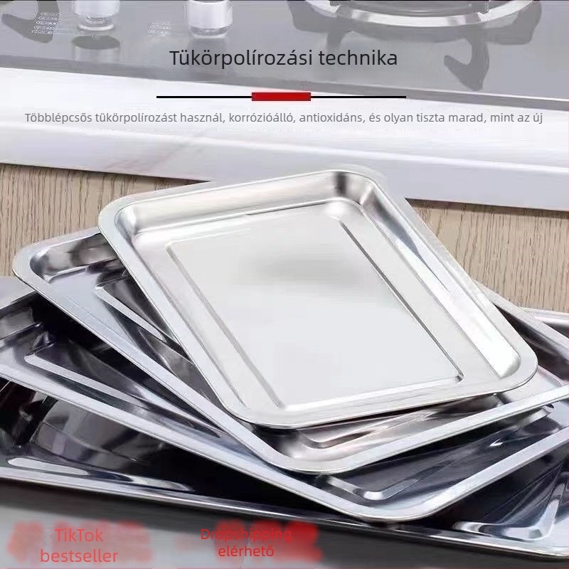 Rozsdamentes acélból készült négyszögletes tálca háztartási és kültéri használatra, lapos tálca menzára logónyomtatással