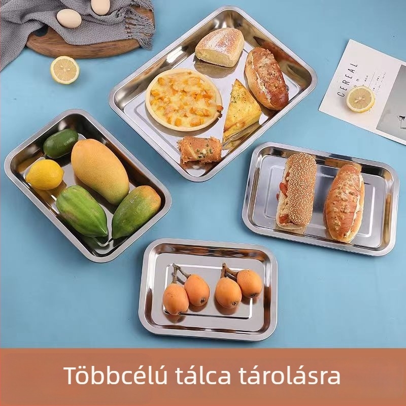 Rozsdamentes acélból készült négyszögletes tálca háztartási és kültéri használatra, lapos tálca menzára logónyomtatással