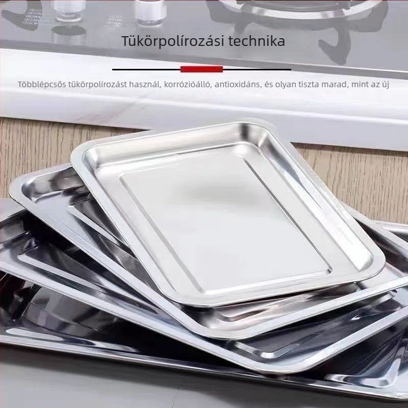 Rozsdamentes acélból készült négyszögletes tálca háztartási és kültéri használatra, lapos tálca menzára logónyomtatással