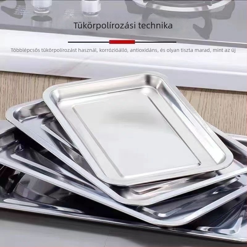 Rozsdamentes acélból készült négyszögletes tálca háztartási és kültéri használatra, lapos tálca menzára logónyomtatással