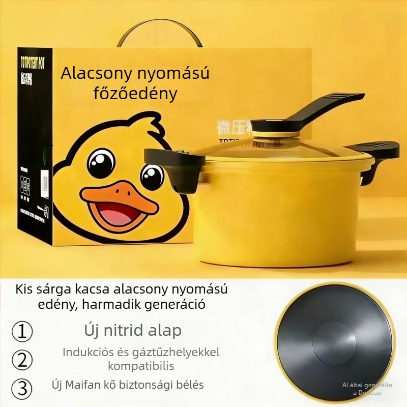 7L-es nyomás alatti edény levesekhez, sárga kacsa motívummal, átlátszó fedővel