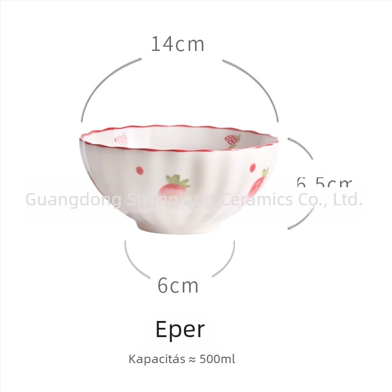 Porcelános tál, vintage vidéki stílus, eper motívummal, kreatív és aranyos dizájn, nagy kapacitású