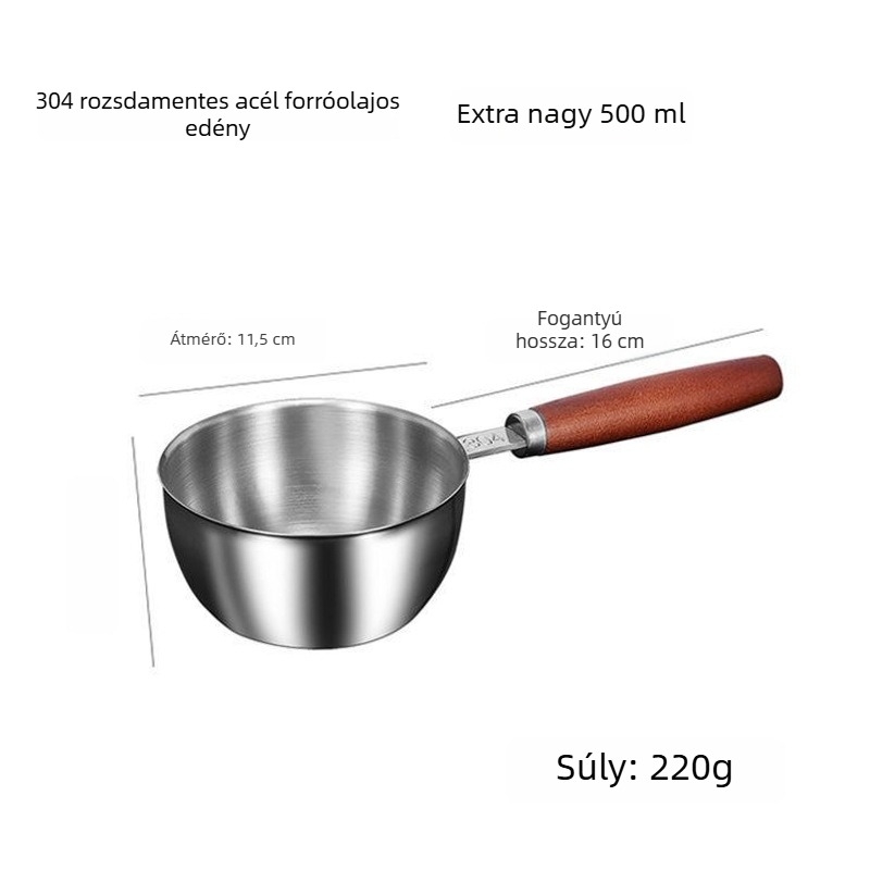 304 rozsdamentes acél mini tejfőző edény fa fogantyúval, tapadásmentes, sík aljzat