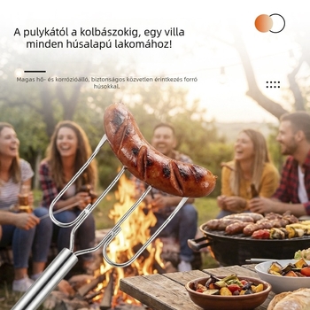 Rozsdamentes acélból készült többfejű grillvilla kempingezéshez és kültéri grillezéshez, nyársakkal és steak villával