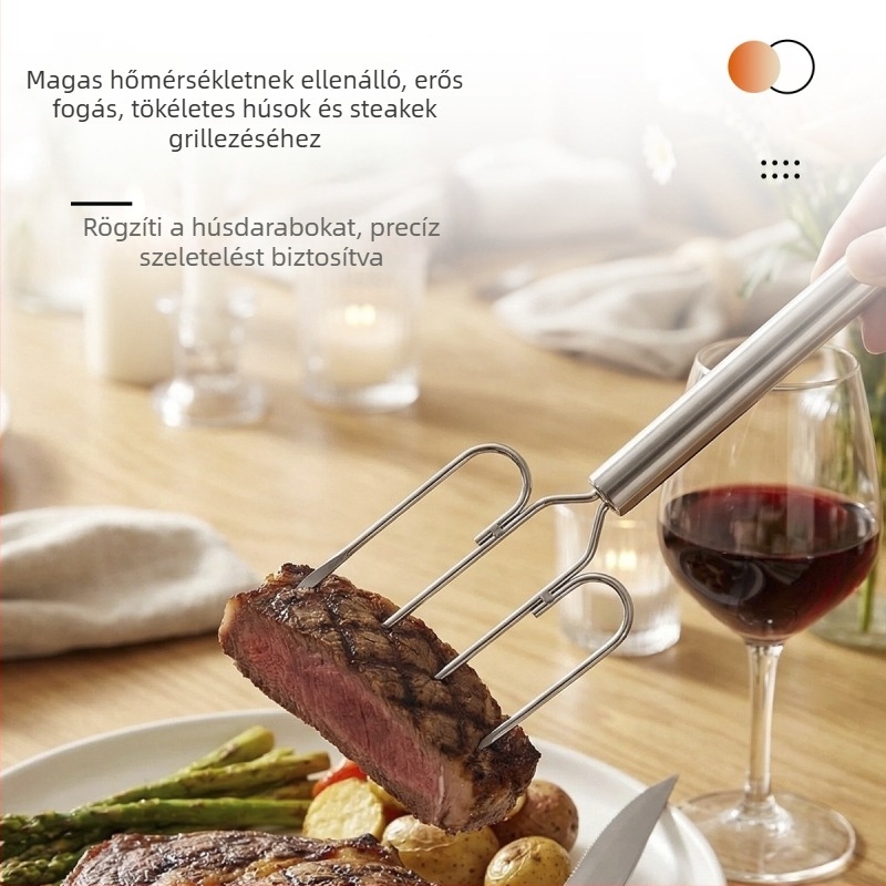 Rozsdamentes acélból készült többfejű grillvilla kempingezéshez és kültéri grillezéshez, nyársakkal és steak villával