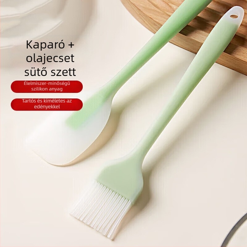 Két darab szilikon ecset és spatula készlet, élelmiszer-minőségű, 21 cm hosszú, sütéshez és grillhez