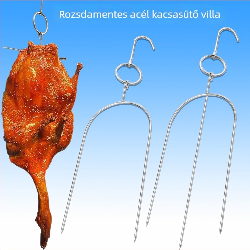 Rozsdamentes acél grillvilla kacsának és galambnak, két- és háromhegyű villák, U-formájú villa 4 mm-es akasztókkal