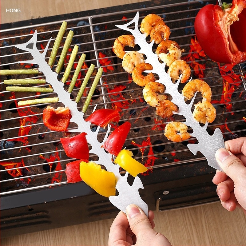430 rozsdamentes acélból készült halcsont alakú grillnyársak, grill-villák, multifunkcionális BBQ eszköz sörnyitóval