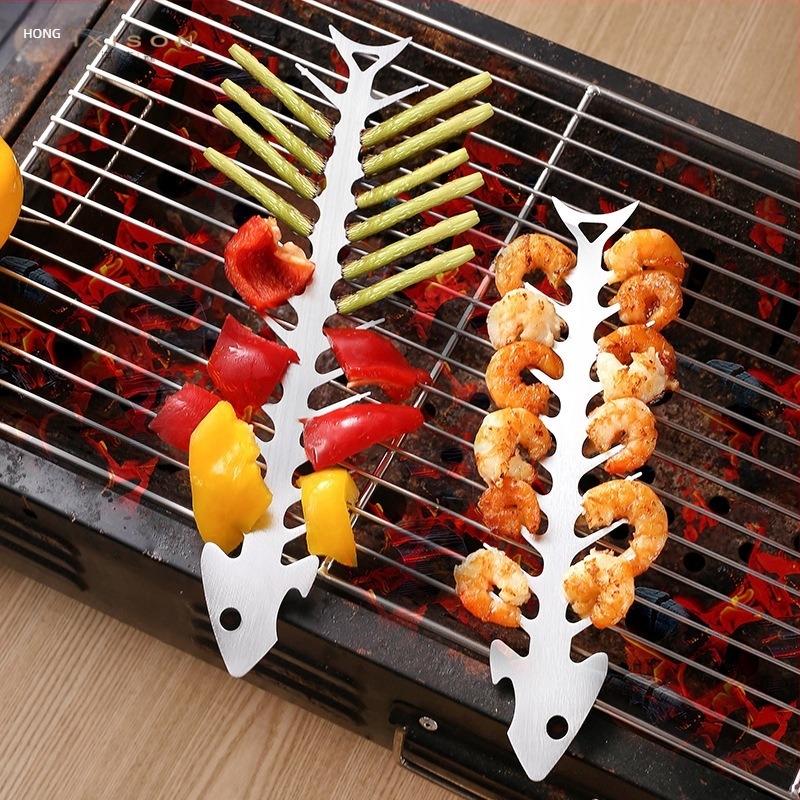 430 rozsdamentes acélból készült halcsont alakú grillnyársak, grill-villák, multifunkcionális BBQ eszköz sörnyitóval