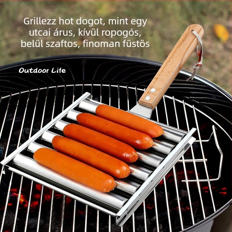 Kivehető grillsütő, kolbász görgő, rozsdamentes acél
