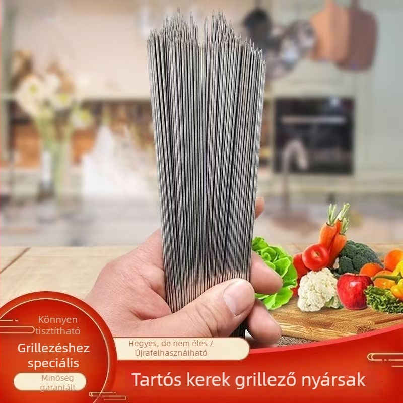 Rozsdamentes acél grillnyársak – lapos és kör alakú nyársak, megerősített készlet kültéri báránynyársakhoz