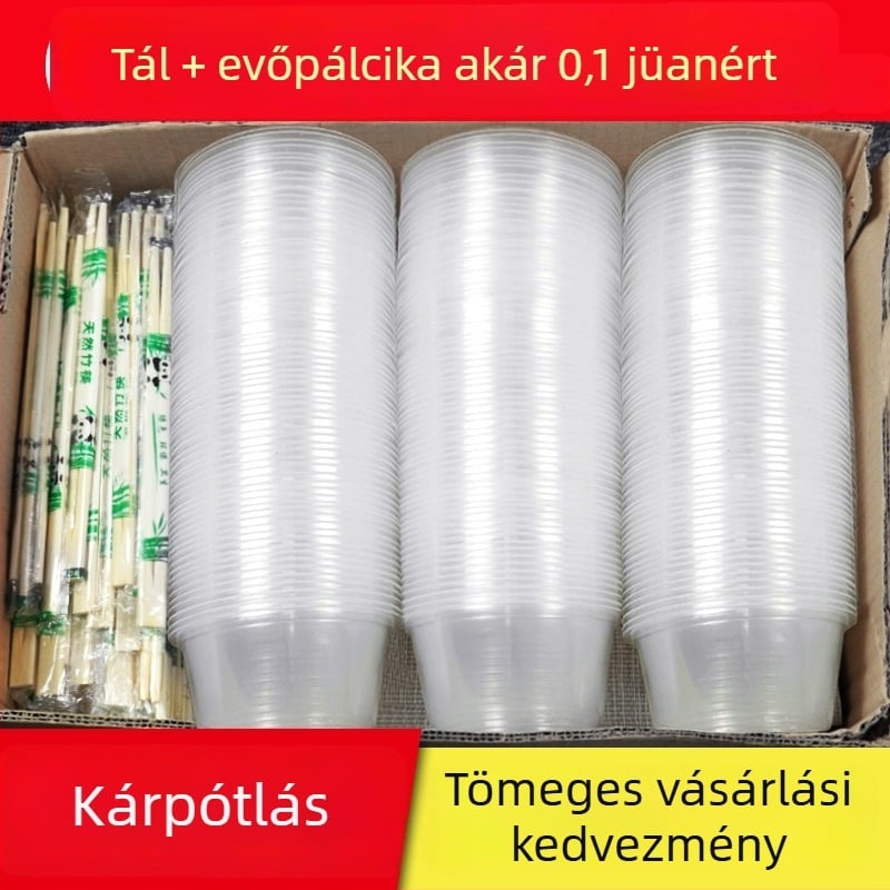 Egyszer használatos étkészlet: kerek műanyag leveses tálak, ebédes tál és pálcikák, vastagított műanyagból, teljes dobozban