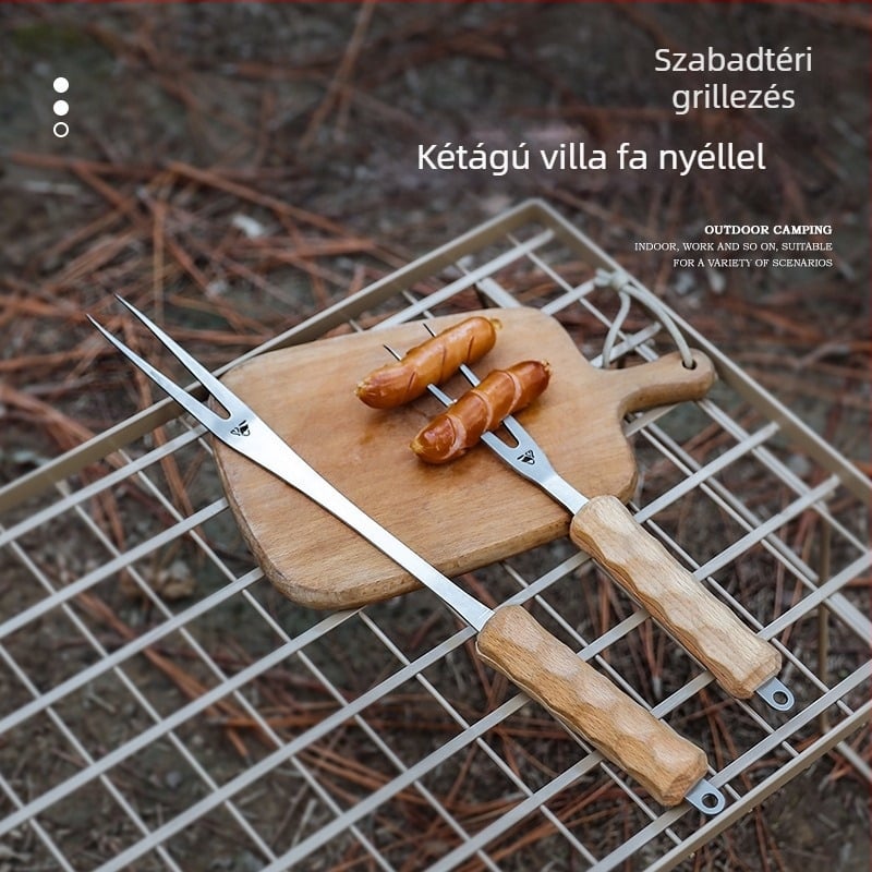 Kültéri barbecue villa bükkfa fogantyúval és rozsdamentes acélból, U-alakú kempingezéshez