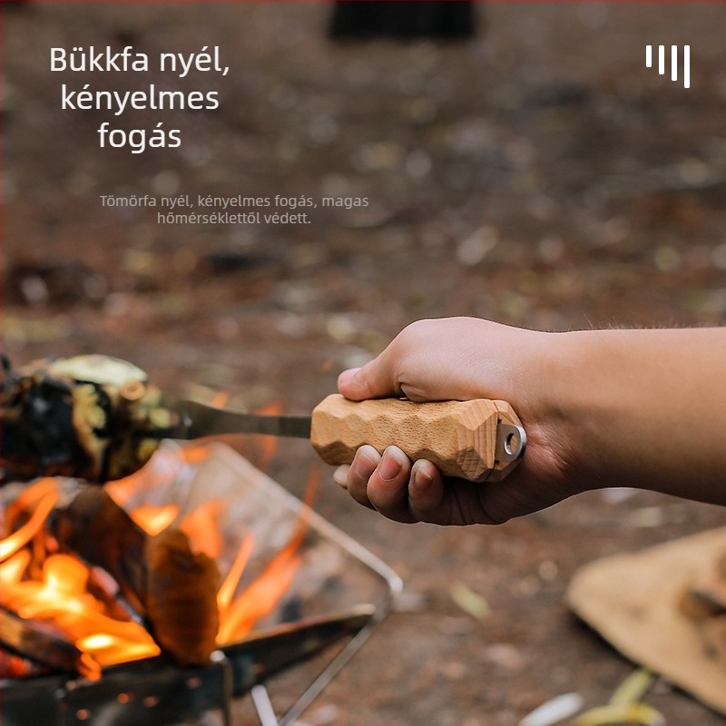 Kültéri barbecue villa bükkfa fogantyúval és rozsdamentes acélból, U-alakú kempingezéshez