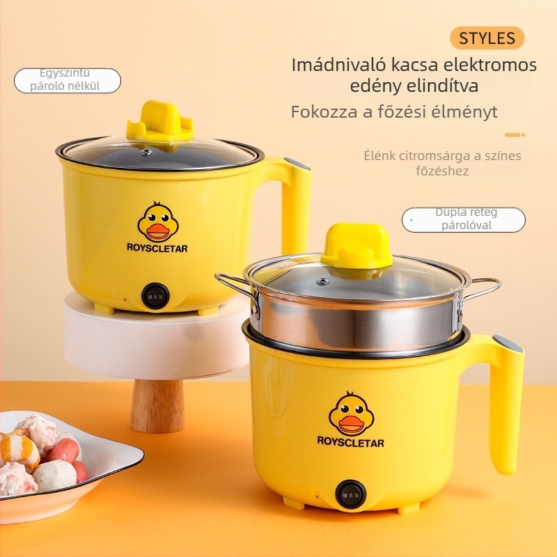 Little Yellow Duck mini elektromos főzőedény – mindent egyben, tapadásmentes belső, 2 L kapacitás, sütés és pirítás, kollégiumi használatra