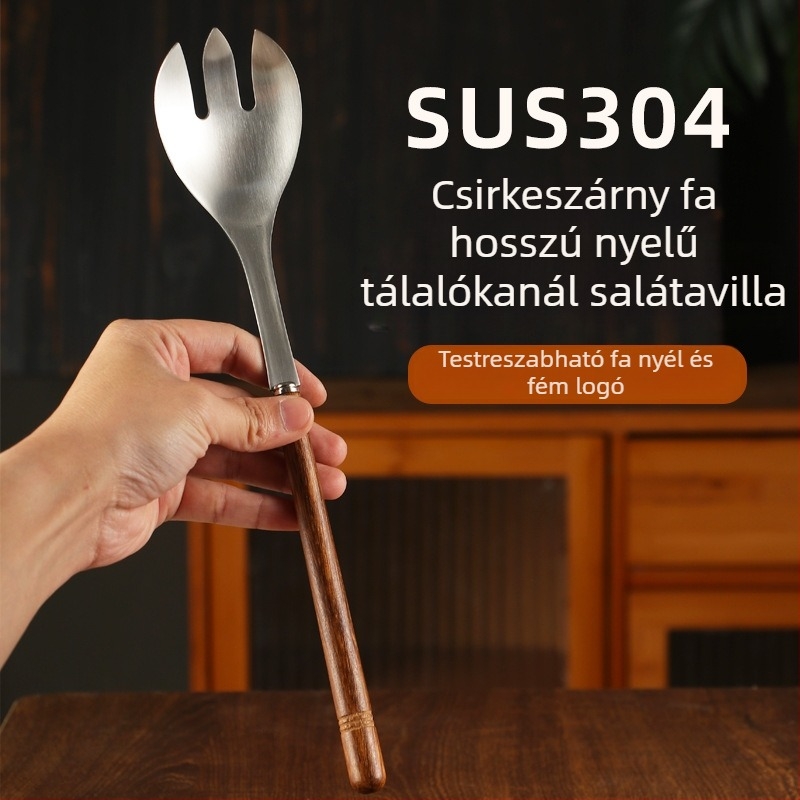 304 rozsdamentes acélból készült saláta kanál készlet, kreatív vintage stílus, hosszú nyelű fa keverőkanál és halas villáskanál