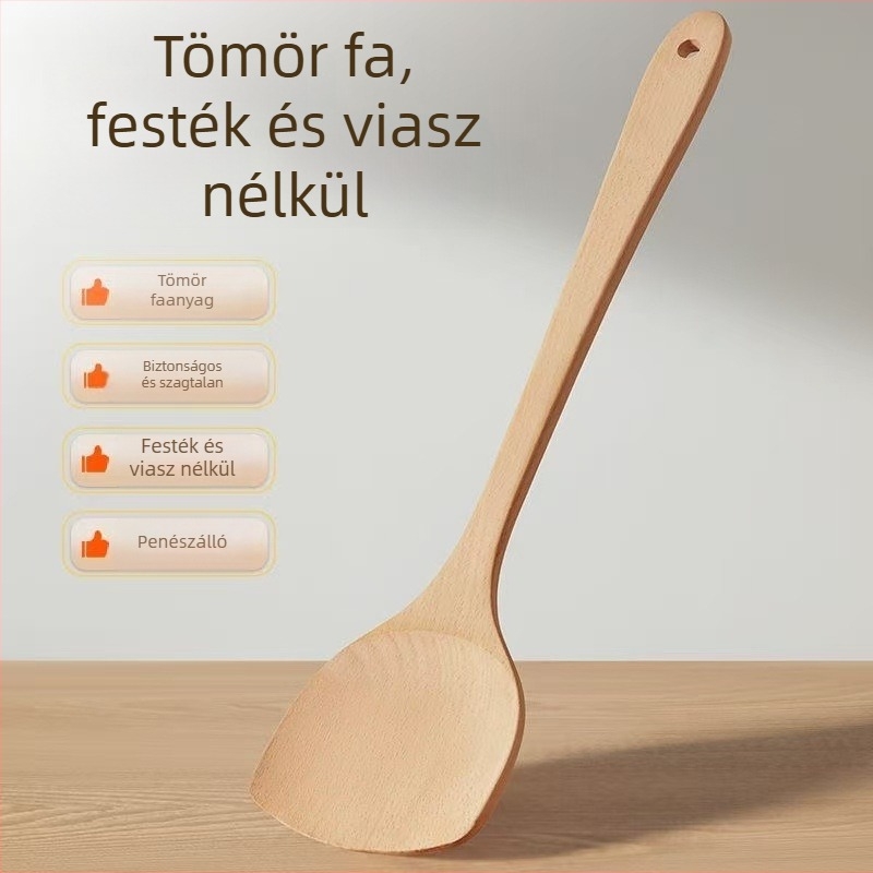 Hosszú nyelű fa spatula tapadásmentes serpenyőkhöz, magas hőállóságú