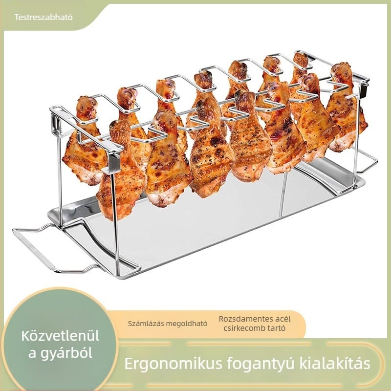 Összecsukható rozsdamentes acélból készült csirke láb tartó kemping BBQ-hoz grill serpenyővel