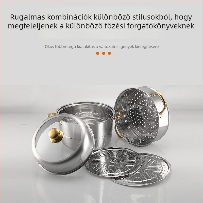 Vastag rozsdamentes acél gőzölő arany fogantyúval, 3 rétegű, nagy kapacitású, ideális gőzöléshez
