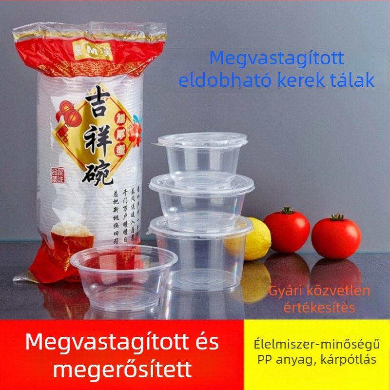Vastagított, egyszer használatos kör alakú tálak takeawayhez és tésztalevesekhez, műanyag, különböző méretek