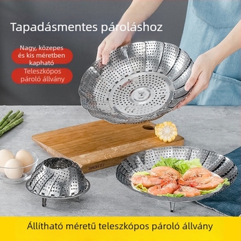 Rozsdamentes acélból készült otthoni párolóedény teleszkópos, összecsukható tálcával, pároló rács és állvány
