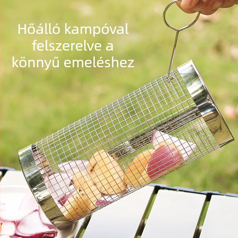 Forgó grillsütő kosár 304 rozsdamentes acélból, magas hőállóságú, multifunkcionális