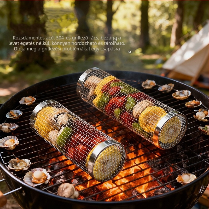 Forgó grillsütő kosár 304 rozsdamentes acélból, magas hőállóságú, multifunkcionális