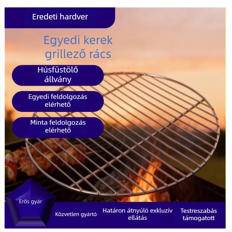 Kerek rozsdamentes acél grillháló, egyedi gyártású, kültéri, koreai stílusú, vastított és megerősített.