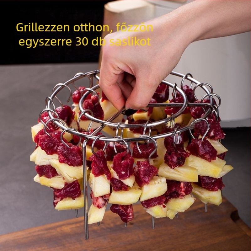 Kerek rozsdamentes acélból készült vertikális grillsütő háztartási használatra, kültéri barbecue-hoz 19 nyárssal
