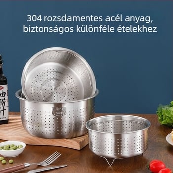 304 rozsdamentes acélból készült rizspároló háztartási használatra, pároló rács és rizslevest elválasztó kosár