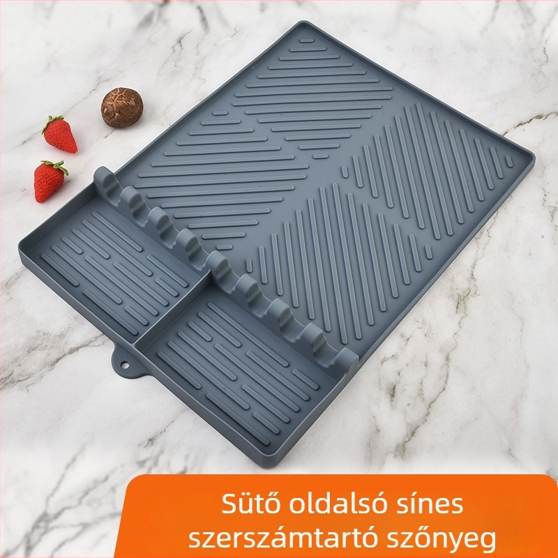 Szilikon BBQ grill alátét oldalsó sínnel, serpenyővédő, edények tároló alátét és csepegés elleni alátét, grillszerszámokhoz való szilikon matrac