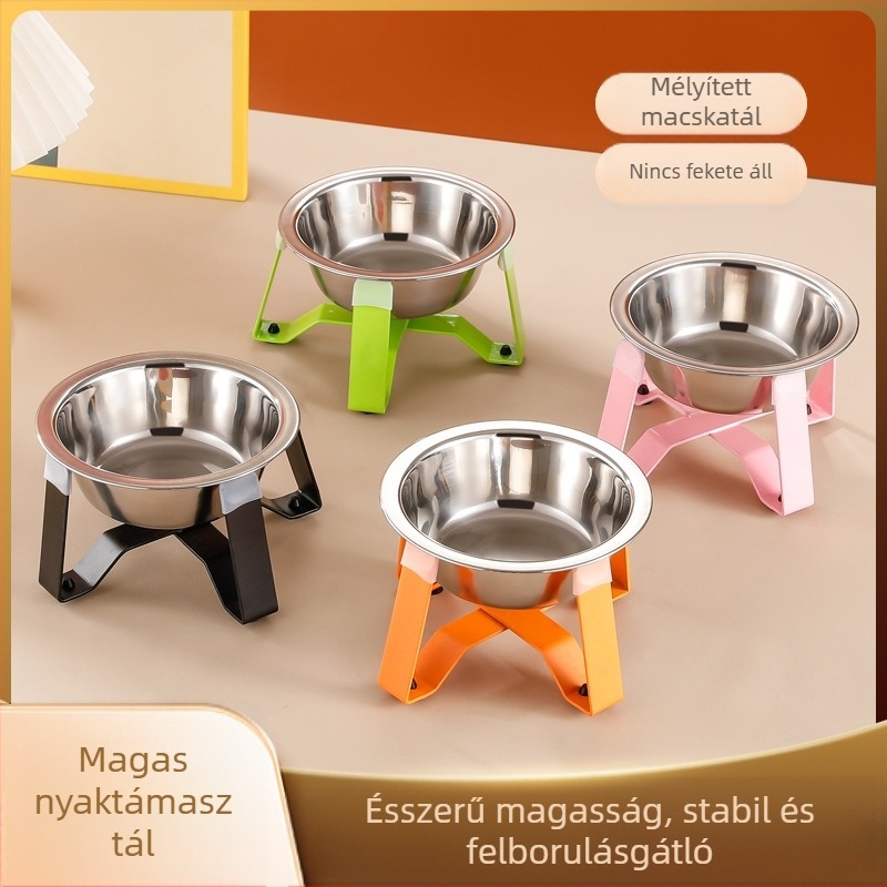 Rozsdamentes acélból készült háromlábú macska tál nyakvédővel