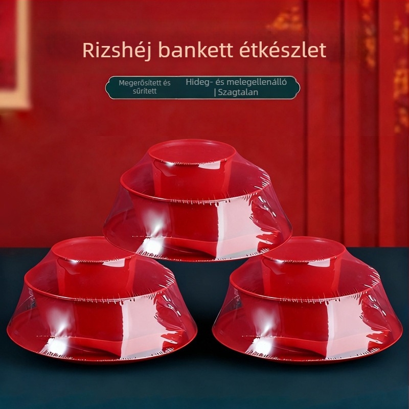 Egyszer használatos esküvői bankett edénykészlet: piros rizs tálak és desszert leveses tálak, műanyag, vastagság 2 mm